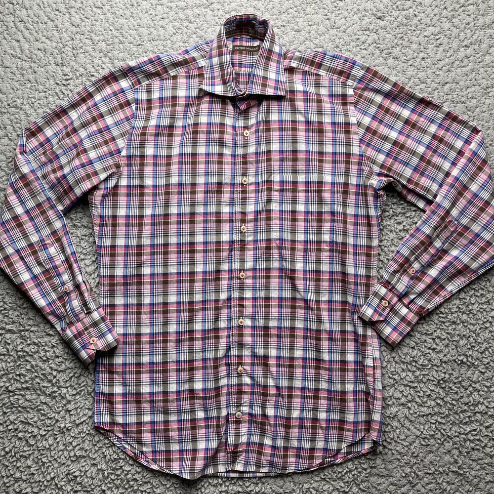 Peter Millar Button Up Shirt Mens Medium Pink Brown Tartan Plaid Long Sleeve
